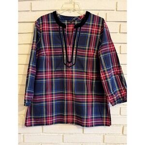Talbots Split Neck Holiday Tunic Top Womens Sz Large  Plaid Blue & Red